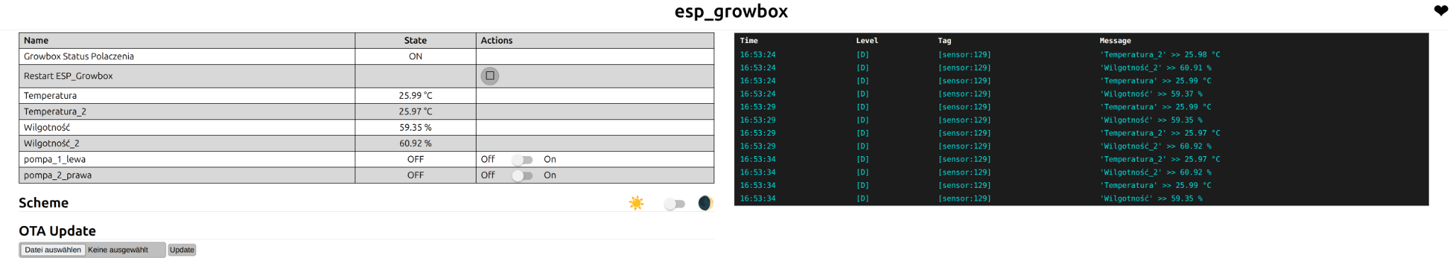 ESPHome web interface showing live SHT40 readings and logs