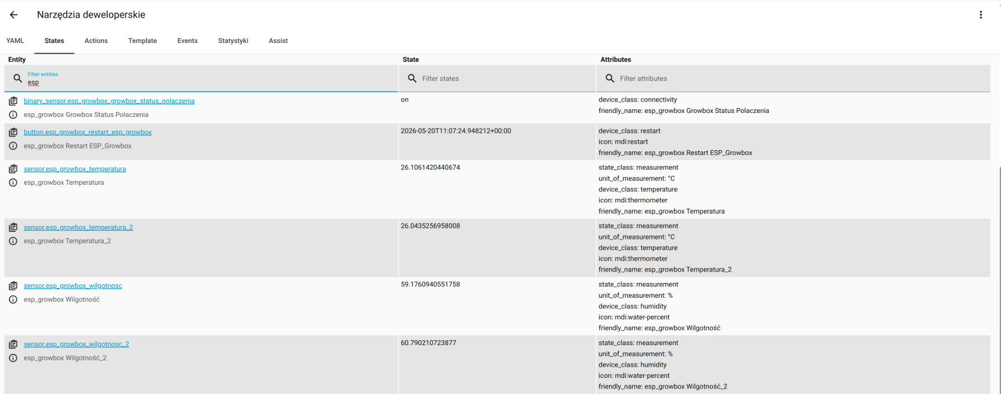 Home Assistant developer tools showing two temperature and two humidity entities